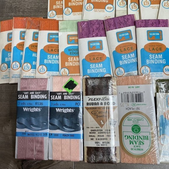 Vintage SEAM BINDING Rayon Woven Edge Ribbon Stretch Lace Various Lot Of 54 - Picture 3 of 4